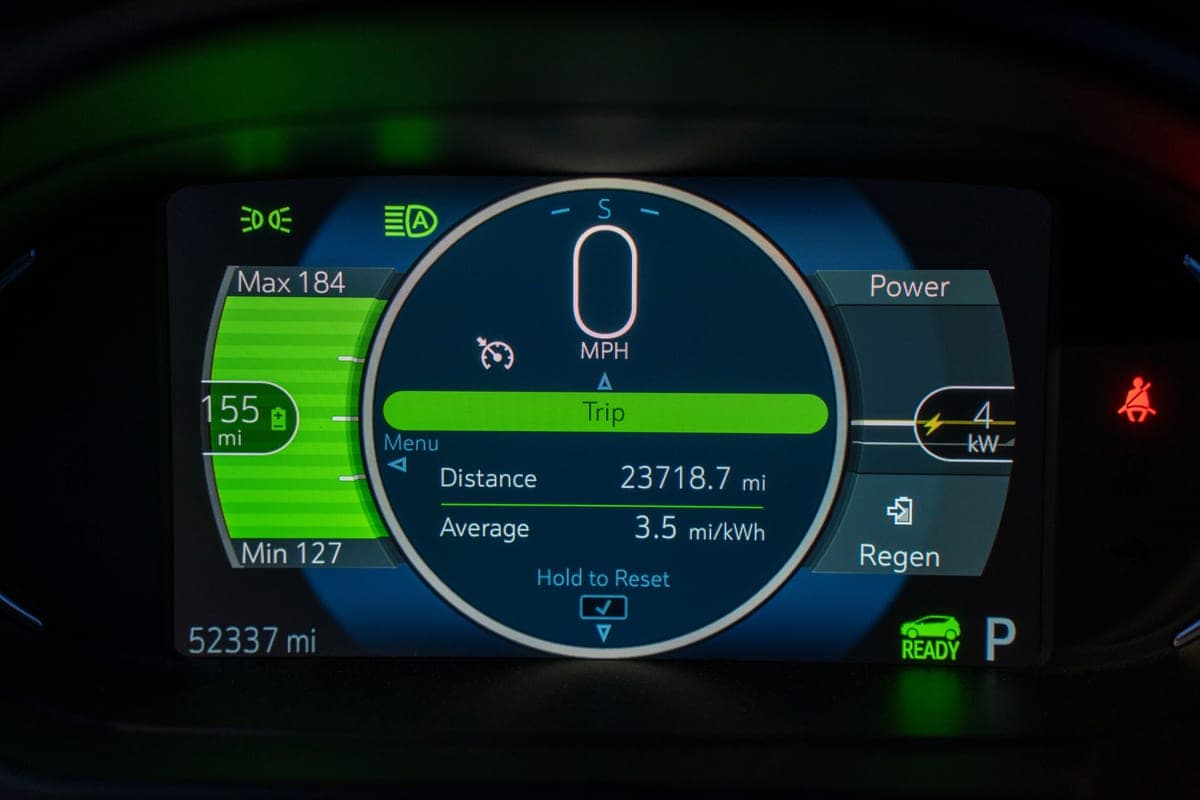 An electric vehicle dashboard showing charging status and remaining range